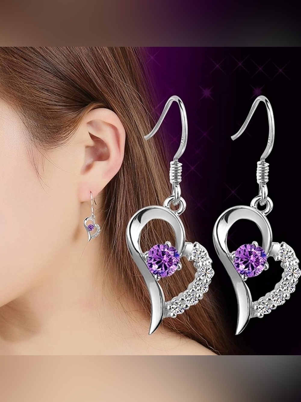 Silver Heart Drop Earrings with Purple Crystal